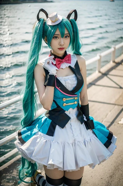 hatsune miku cosplay costume, hatsune miku, magical mirai miku, cosplay, aqua hair, twintails, very long hair, vest, sleeveless ...