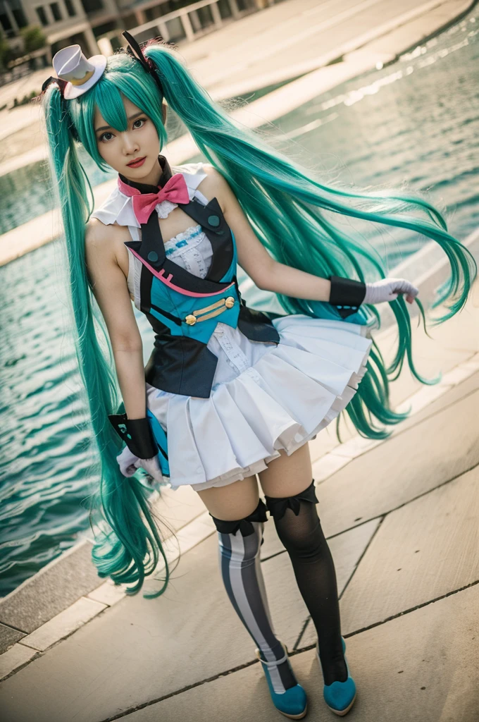 hatsune miku cosplay costume, hatsune miku, magical mirai miku, cosplay, aqua hair, twintails, very long hair, vest, sleeveless dress, frills, asymmetrical gloves, bowtie, mini hat, hair ornament, gloves, wrist cuffs, asymmetrical legwear, vertical-striped thighhighs, shoes beauty, Beautiful woman，Have a perfect body：1.4，Layered Hairstyle，((Big breasts)), ((D cup)), Visible cleavage，Bare shoulders, Highly detailed face and skin texture，Double eyelids，Skin Whitening，Long hair，Whitening long legs，Standing by the sea, Fashion girl, Red lips, Sweet maiden, Beautiful makeup, detail, lifelike, Very detailed, amazing, beautiful, Young and energetic, high quality，High Definition, rich and colorful，Exquisite, Smooth skin, The skirt is short, Lift the skirt with your hands, Elegant and charming posture, Official Art, Extremely detailed, Movie atmosphere, Soft colors, Natural skin texture,