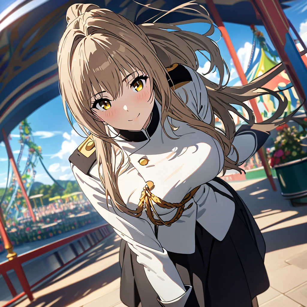 A woman wearing a long-sleeved royal guard style uniform, black skirt, black boots, big breasts, caramel hair, long hair, ponytail hair, yellow eyes, smiling, big breasts, walking on the ground of a well-detailed amusement park, Daytime location with blue sky and clouds.. (solo woman),flower, UHD, masterpiece, accurate, anatomically correct, textured skin, super detail, high quality, best quality, 8k, high resolution, bokeh effect.


