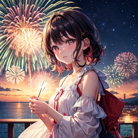 in the summer night sky、colorful fireworks burst into flames。浴衣を着たyoung man女、shoulder to shoulder、looking up at that beautiful l...