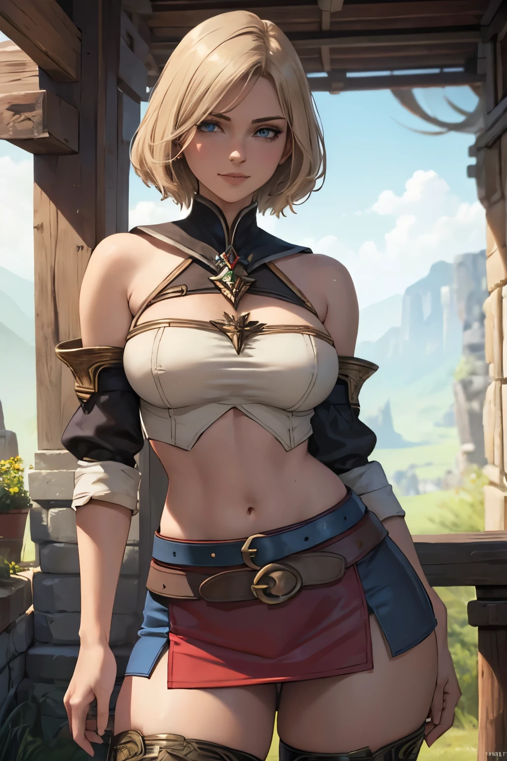 jambes grasses, gros seins, sourire, (extremely fine and beautiful:1.1), (perfect details:1.1), (finely detailed eyes and detailed face:1.3), Ashelia B'nargin Dalmasca, Final fantasy 12, 1girl, short hair, AsheliaOutfit, miniskirt, thighhighs, jewelry, belt, standing, cowboy shot, dynamic pose, dynamic angle, outdoors, plains, hills