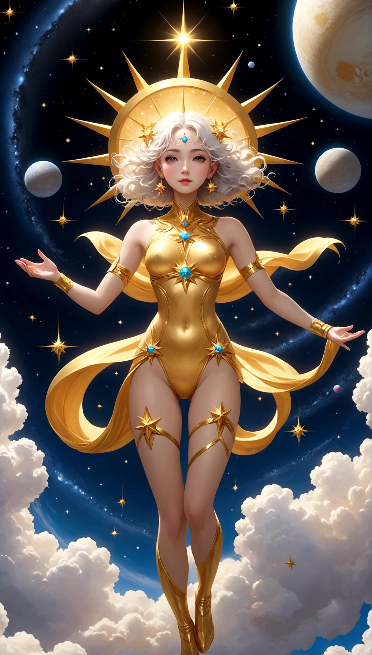 (masterpiece、Highest quality、High resolution、8k)、Alone in space、goddess、Standing posture、whole body、so beautiful、(floating in the sky like a star、floating、floating)、Golden light envelops the whole body、whole bodyが光の中にある、