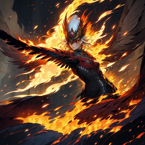 (masterpiece), best quality, phoenix bird, emerging from the clouds, reflections of flames