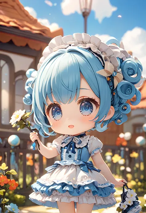 sky blue short curly hair，lolita skirt，cute，detail，q version，小巧cute