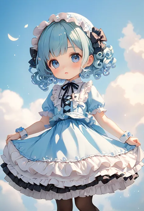 sky blue short curly hair，lolita skirt，cute，detail，q version，小巧cute，front view