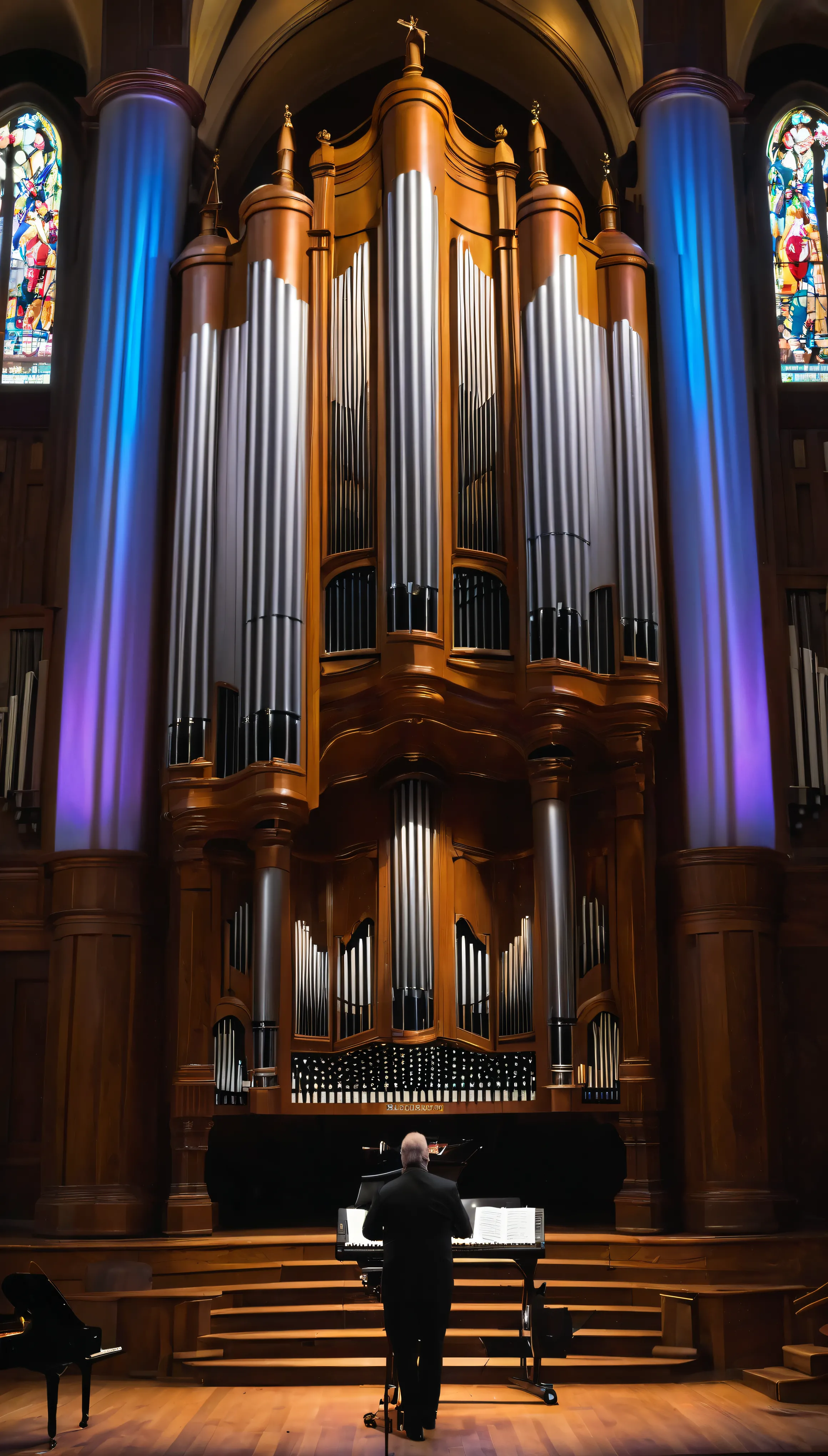 image:8K ultra-high resolution、The solemn and sacred atmosphere of the pipe organ concert ELP Live(masterpiece、Meticulous craftsmanship、Good handling of light、Splendor、Detailed background design、Powerful、The film falls) Emily Lee Pett(Emily Lynne Petter)In the scene of the pipe organ concert with piano,、 Church in Elizabethtown, Pennsylvania