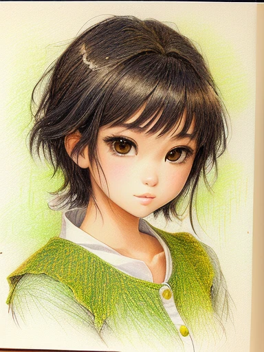 cuadro de una niña con una camisa verde y un fondo verde, inspirado en Yanagawa Nobusada, lápiz de color sketch, boceto coloreado, lápiz coloreado sketch, un boceto a lápiz de color, inspirado en Riusuke Fukahori, retrato de mi personaje, inspirado por Rumiko Takahashi, lápiz coloreado, retrato suave, medio: lápiz de color