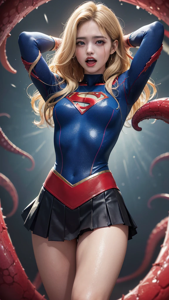 (8K、mais alta qualidade、obra de arte:1.2)、(Realismo、fotorrealista:1.37)、ultra-alta definição、(mais alta qualidade)、(obra de arte)、Supergirl presa por tentáculos、(ajuste perfeito body、ajuste perfeito、coxas perfeitas)、(((Vestindo o traje da Supergirl、saia、danificado、Torn、Thighs in roupas rasgadas、 braços expostos)))、cabelo longo、cabelo longo、(((roupas esfarrapadas、Muita exposição、roupas rasgadas、引き裂かれたsaia、ボロボロのsaia、Líquido branco por todo o corpo、 gruda no corpo、 no rosto、胸に白corの液体、)))、(((O fundo é uma prisão、Mãos cruzadas atrás da cabeça、cercado por tentáculos、O corpo está conectado por muitos tentáculos.、Mãos amarradas por tentáculos、As pernas estão amarradas com tentáculos、Tentáculos apalpando todo o corpo、cor々Mulher madura posando))),(Abra sua boca、Gritar、dorでうめき声をあげる, dorを感じ, lágrimas fluindo:1.5), dor, eu&#39;m in dor and crying、Um pedaço de carne está preso na virilha、