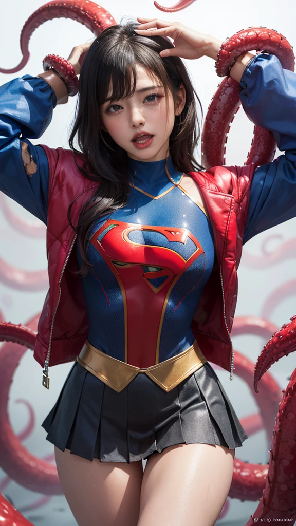 (8K、de la máxima calidad、obra maestra:1.2)、(Realism、Fotorrealista:1.37)、Ultra Alta Definición、(de la máxima calidad)、(obra maestra)、Supergirl atrapada por tentáculos、(Ajuste perfecto body、Ajuste perfecto、muslos perfectos)、(((Usando el traje de Supergirl、falda、dañado、rasgado、Thighs in rasgado clothes、 brazos expuestos)))、pelo largo、pelo largo、(((ropa andrajosa、demasiada exposición、rasgado clothes、引き裂かれたfalda、ボロボロのfalda、liquido blanco por todo el cuerpo、 se adhiere al cuerpo、 En la cara、líquido de color blanco en el pecho、)))、(((El trasfondo es una prisión、Manos entrelazadas detrás de la cabeza、rodeado de tentáculos、El cuerpo está conectado por muchos tentáculos..、Manos atadas por tentáculos、Las piernas están atadas con tentáculos.、Tentáculos tanteando todo el cuerpo.、color々Mujer madura posando))),(abre la boca、Gritar、dolorでうめき声をあげる, dolorを感じ, lágrimas que fluyen:1.5), dolor, I&#39;m in dolor and crying、Un trozo de carne está atrapado en su entrepierna.、