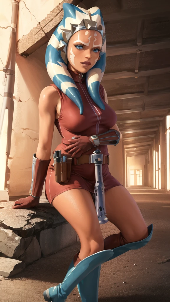 masterpiece, best quality, highres, 1girl, solo, alien, blue eyes, boots, orange skin, gloves, tattoo, tentacle hair, colored skin, facial mark, facial tattoo, lightsaber, belt, forehead mark, lips, knee boots, armor, long hair hyper-pregnant 