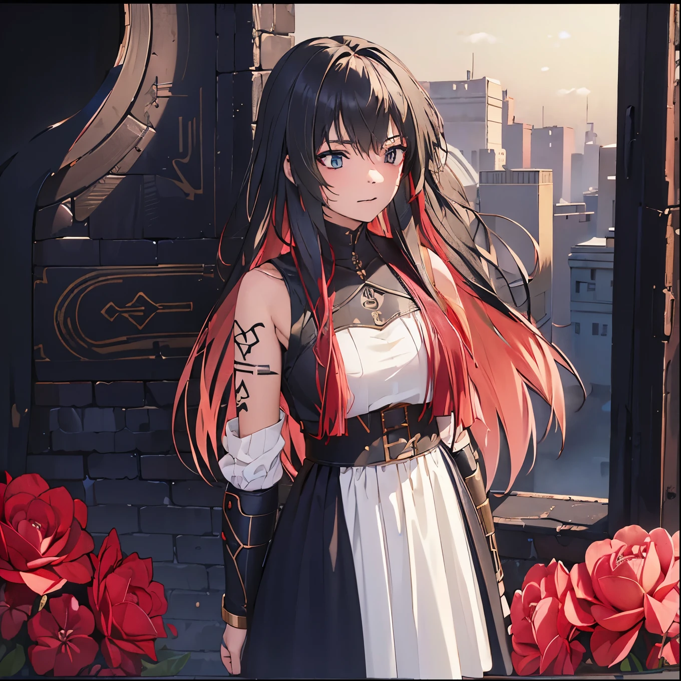 (best quality,4k,8k,highres,masterpiece:1.2),ultra-detailed,,1 woman,((rune tattoos)),red and black hair,princess knight pants and gown dress,circlet,fantasy,armor