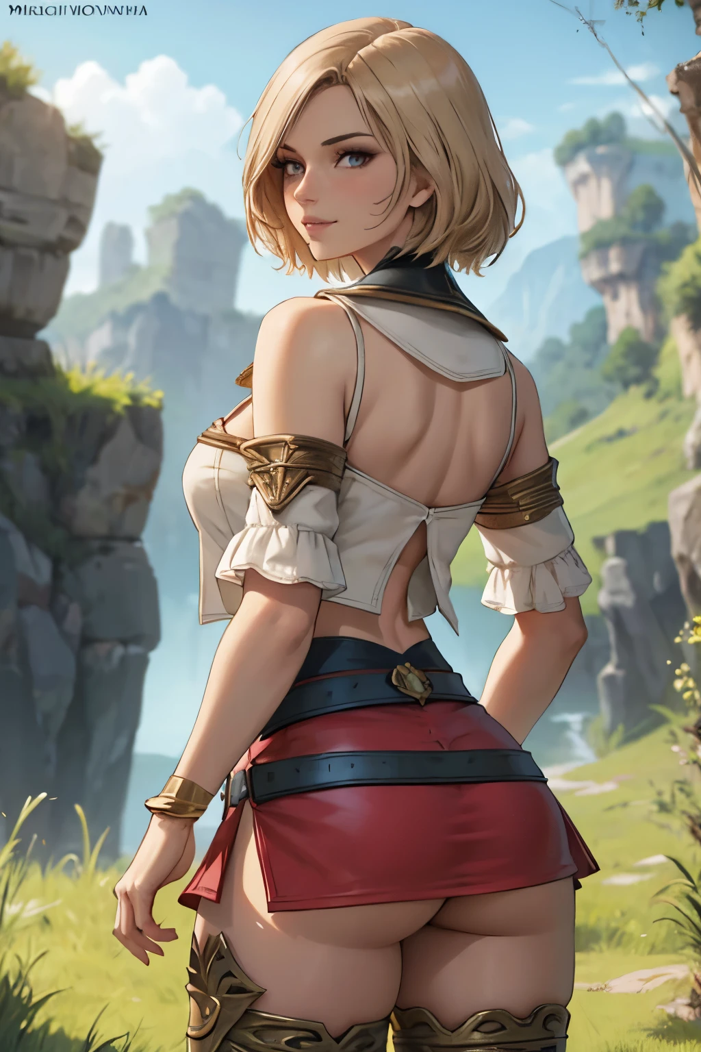 jambes grasses, gros seins, sourire, (extremely fine and beautiful:1.1), (perfect details:1.1), (finely detailed eyes and detailed face:1.3), Ashelia B'nargin Dalmasca, Final fantasy 12, 1girl, short hair, AsheliaOutfit, miniskirt, thighhighs, jewelry, belt, standing, cowboy shot, archery, dynamic pose, dynamic angle, outdoors, plains, hills, ((rear view))