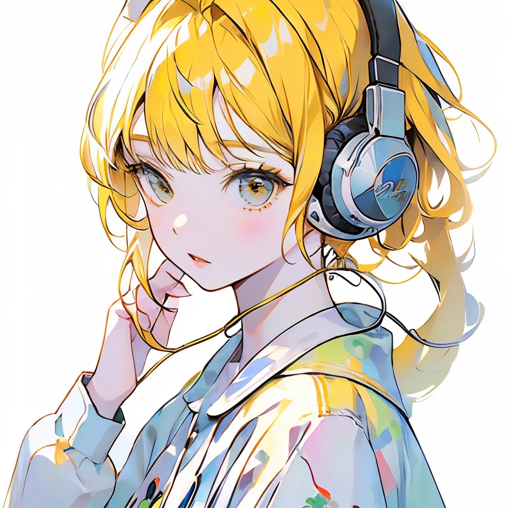 masterpiece、One Girl、Yellow Hair、Fashionable clothes、Pure white background、Wearing headphones