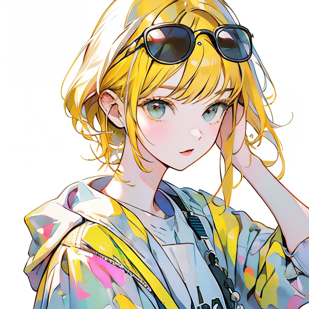 masterpiece、One Girl、Yellow Hair、Fashionable clothes、Pure white background、Wear sunglasses