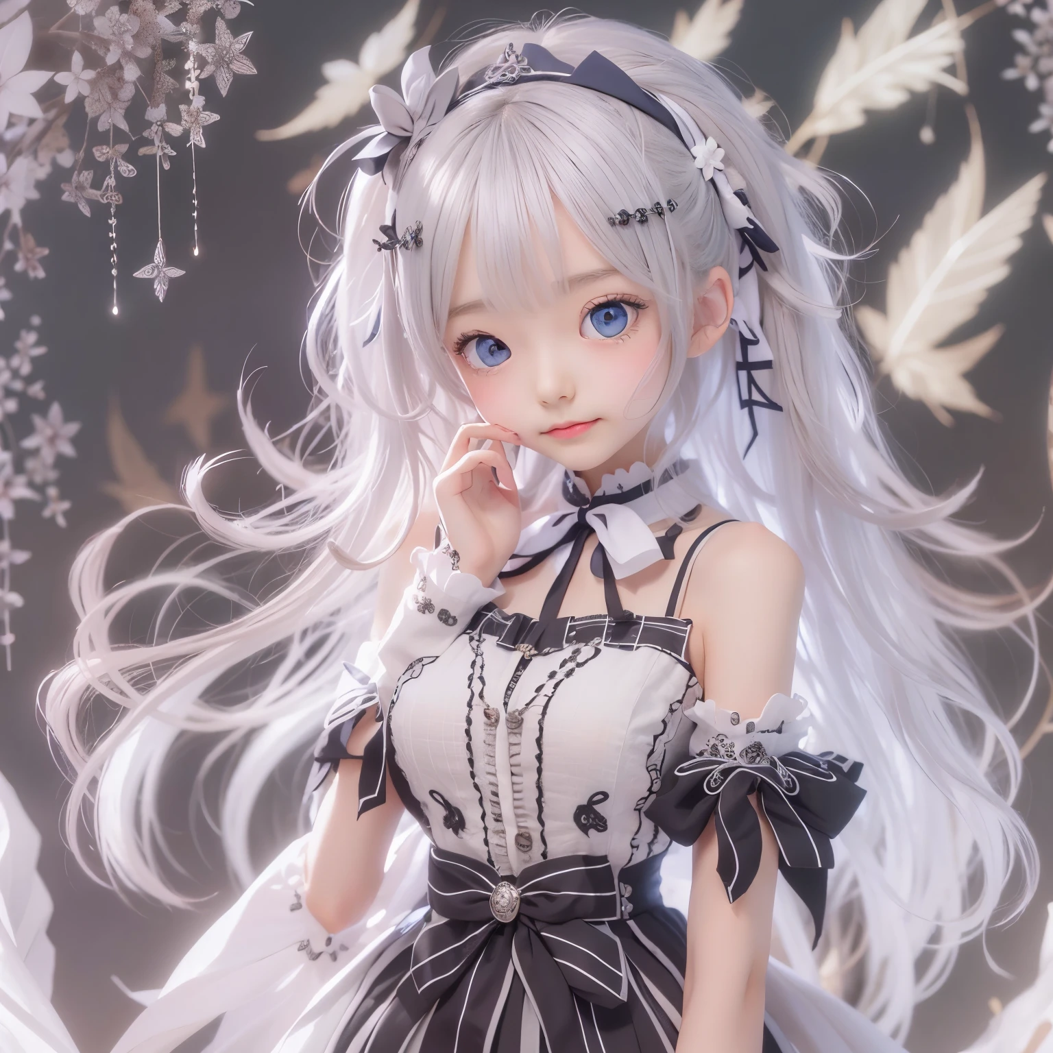 detailed face, cute face, ((masterpiece)), (Highest quality))), (Character design sheet, National costume, same characters, front, ~ side, return), figure, 1 girl, whole body, Silver Hair, eyes hair, Beautiful Eyes, Princess Cut, Environmental change scene, Short skirt, Shyness, woman, girl, Are standing, Gothic Lolita, VTuber, Chartern Betarola, (simple returnground, white returnground: 1.3) ( masterpiece:1.2), (Highest quality:1.3)