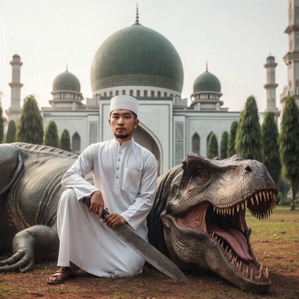 Outdoor portrait, an Indonesian man aged 28's clean shaved faces wearing white Muslim clothes holding a machete, is standing next to Tyrannosaurus who is lying down, background in front of a large mosque in a large garden yard, Eid al-Adha atmosphere, fresh color, photography, 8k, uhd
