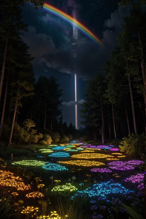 rainbow, very beautiful, photorealism, 8k, extra detailed, shiny, in night forest, night, growing, bright, atmospheric, comette,...