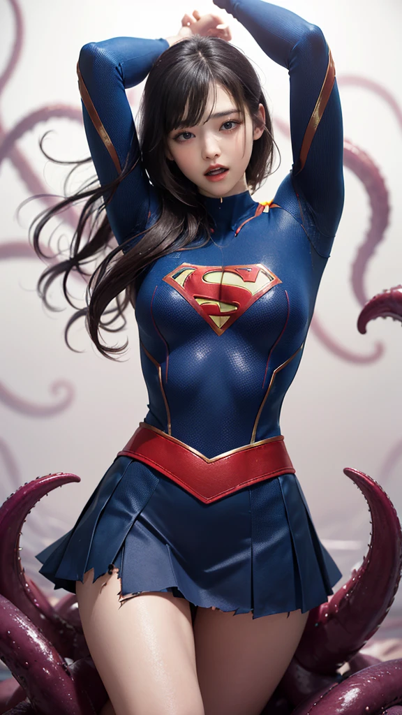 (8K、de la máxima calidad、obra maestra:1.2)、(Realism、Fotorrealista:1.37)、Ultra Alta Definición、(de la máxima calidad)、(obra maestra)、Supergirl atrapada por tentáculos、(Ajuste perfecto body、Ajuste perfecto、muslos perfectos)、(((Usando el traje de Supergirl、falda、dañado、rasgado、Thighs in rasgado clothes、 brazos expuestos)))、pelo largo、pelo largo、(((ropa andrajosa、demasiada exposición、rasgado clothes、引き裂かれたfalda、ボロボロのfalda、liquido blanco por todo el cuerpo、 se adhiere al cuerpo、 En la cara、líquido de color blanco en el pecho、)))、(((El trasfondo es una prisión、Manos entrelazadas detrás de la cabeza、rodeado de tentáculos、El cuerpo está conectado por muchos tentáculos..、Manos atadas por tentáculos、Las piernas están atadas con tentáculos.、Tentáculos tanteando todo el cuerpo.、color々Mujer madura posando))),(abre la boca、Gritar、dolorでうめき声をあげる, dolorを感じ, lágrimas que fluyen:1.5), dolor, I&#39;m in dolor and crying、Un trozo de carne está atrapado en su entrepierna.、