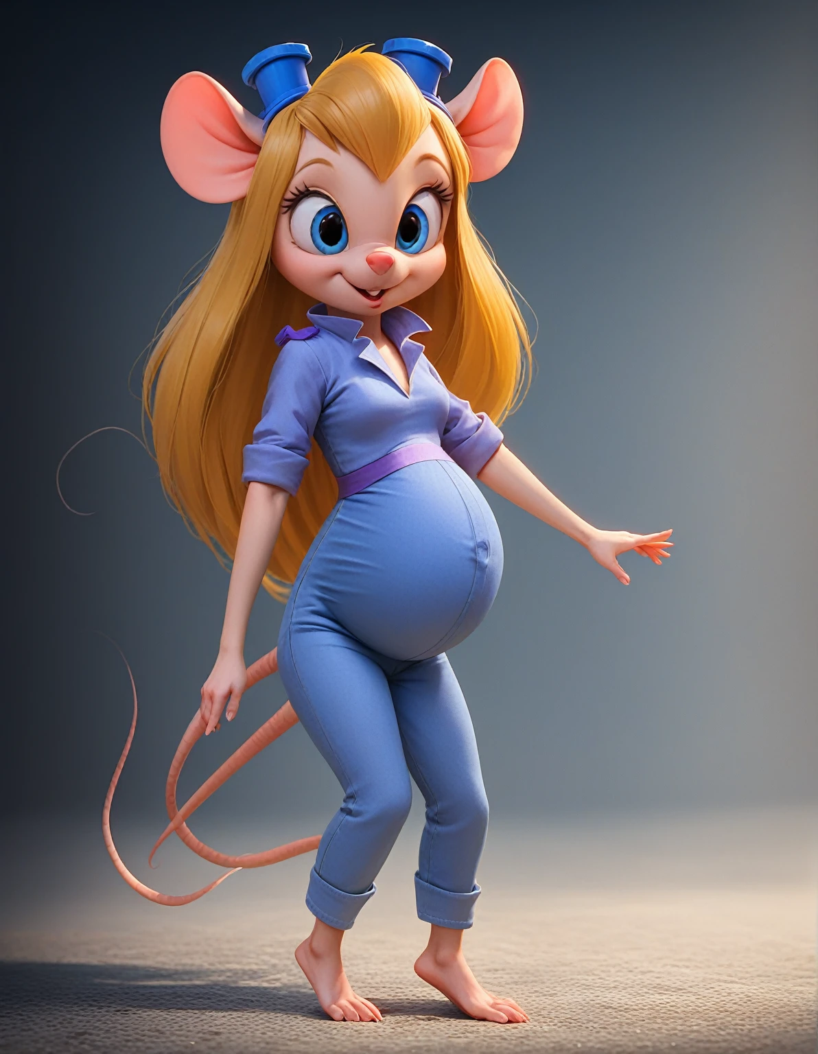 score_9, score_8_up, score_7_up, source_realistic, highly realistic, (absurd resolution), intricate details, zPDXL2, asymmetrical, concept art, raw photo,
1girl, tiny shrunken anthro mouse woman, gadget hackwrench, sparkling blue eyes, long blonde hair, medium breasts, wearing blue denim jumpsuit with sleeves rolled up, welding goggles on head, barefoot, cute pose,
huge tools, mouse hole,
dynamic angle, cinematic lighting, detailed fur texture, detailed eyes, detailed background, volumetric lighting, subsurface scattering,
Expressiveh, hyper-pregnant 