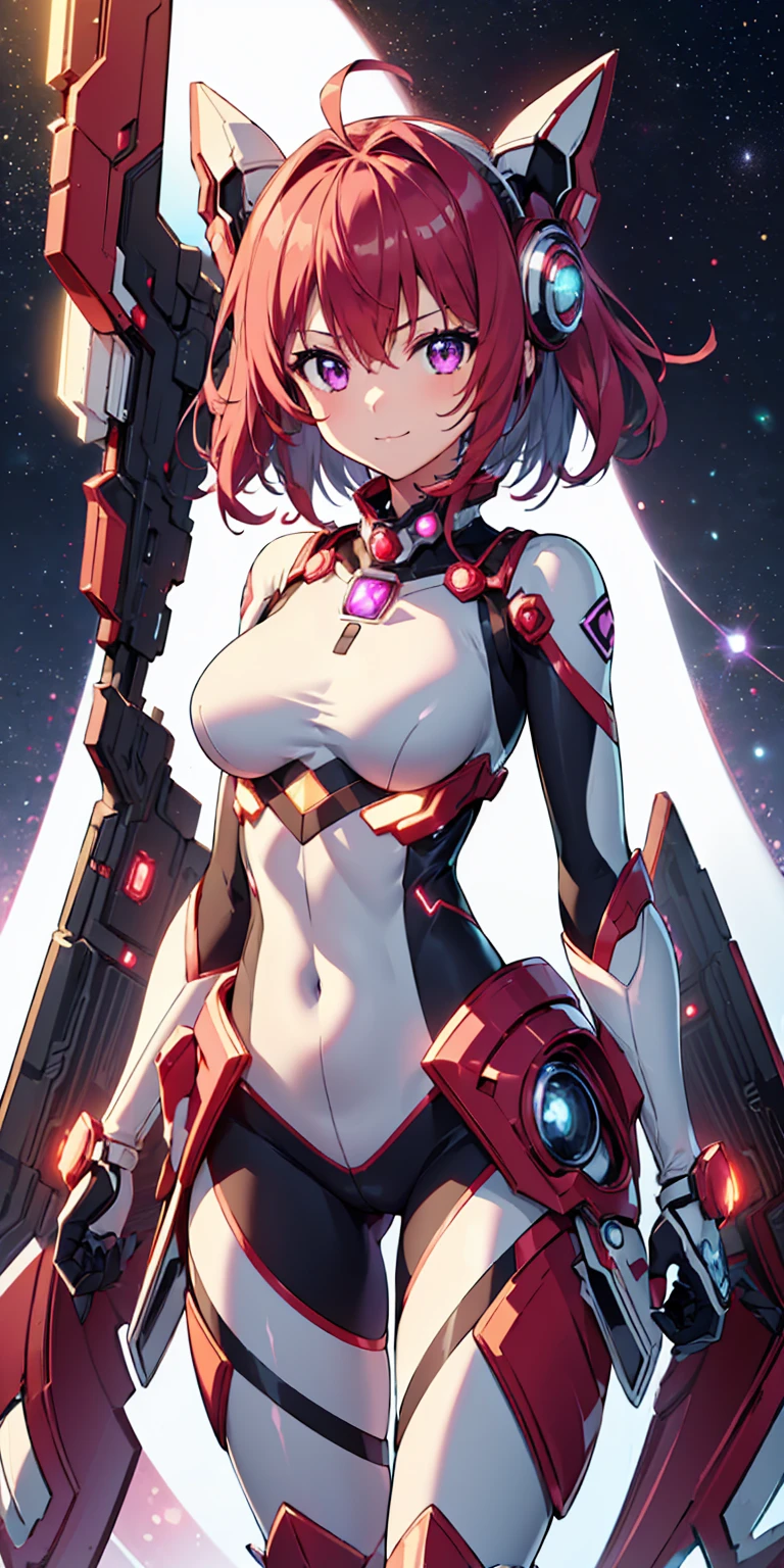 1girl, solo, tailred, mecha musume, medium hair, red hair, headgear, perfect face, purple eyes, looking at viewer, cute, smile, :3, uwu, closed mouth, breasts, (silver bodysuit:1.3), space in background, cowboy shot, scifi, masterpiece, high resolution, best quality, 