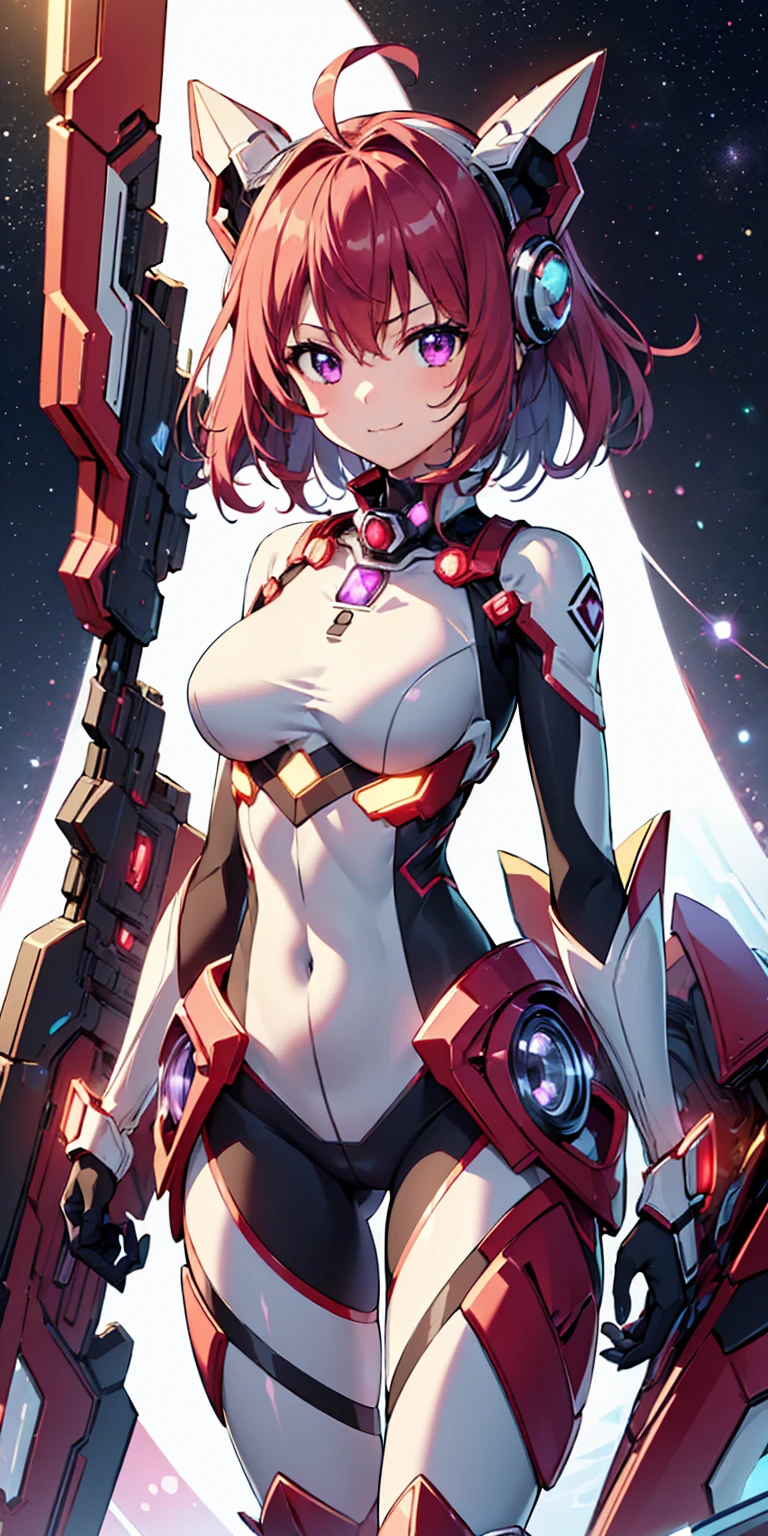 1girl, solo, tailred, mecha musume, medium hair, red hair, headgear, perfect face, purple eyes, looking at viewer, cute, smile, :3, uwu, closed mouth, breasts, (silver bodysuit:1.3), space in background, cowboy shot, scifi, masterpiece, high resolution, best quality, 