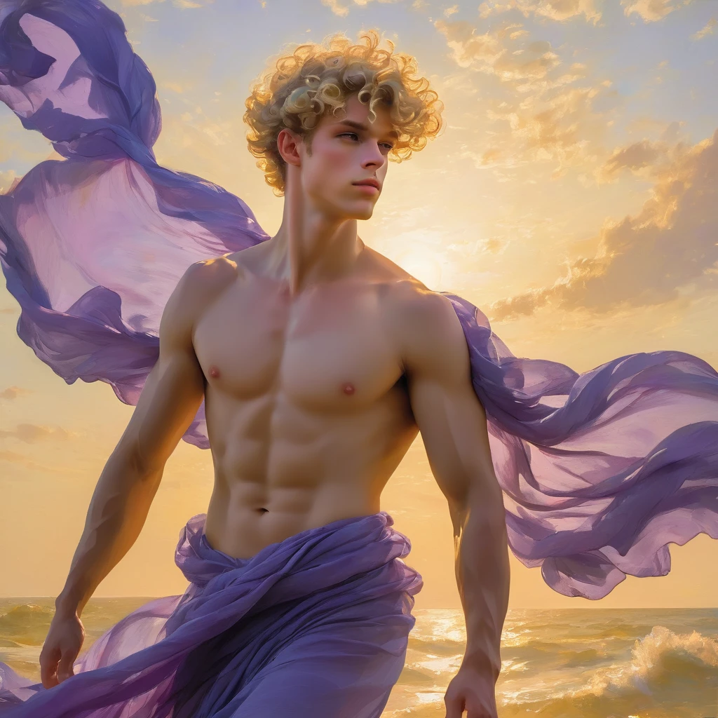 candid an photo of prince charming, 23 year old male supermodel, attractive and exotic, short curly blonde hair, a masculine appearance with slender smooth body, delicate and symmetrical face, natural olive skin tone, pose in a graceful contrapposto stance, inspired by Irises by Vincent Van Gogh 1889, he is wrapped in classical drapery sheer purple pastel color fabric, with flowing dramatically in the strong wind, some fabric to billow as if caught, The composition include mythological elements, such as a backdrop of a serene with a golden sunrise and nymphs to frame the scene. Illuminate the scene with soft diffused lighting to create a dreamlike, celestial atmosphere, capturing the delicate interplay of light and shadow on his face and body. ((full body shot)), wide-angle lens on a high-resolution DSLR camera to capture the grandeur and intricate details of the setting, while shooting from a dynamic angle to emphasize the model's majestic presence. The overall mood should blend the classical elegance of Botticelli's work with a modern, high-fashion aesthetic, producing an image that feels both timeless and contemporary, adding the Two Cherubs in the sense to balance and harmony the photo, evoke the soft ethereal quality of the Renaissance style, POV, raw photo, ((masterpiece)), ((best quality)), High Resolution, (ultra_realistic), (photorealistic), (NSFW), ((Pay attention to the layer and arrangement of body and surrounding)), ((Pay attention to the body composition)), ((Correct body structure)), ((Correct distance)), romantic atmosphere, lively extremely Gorgeous background,