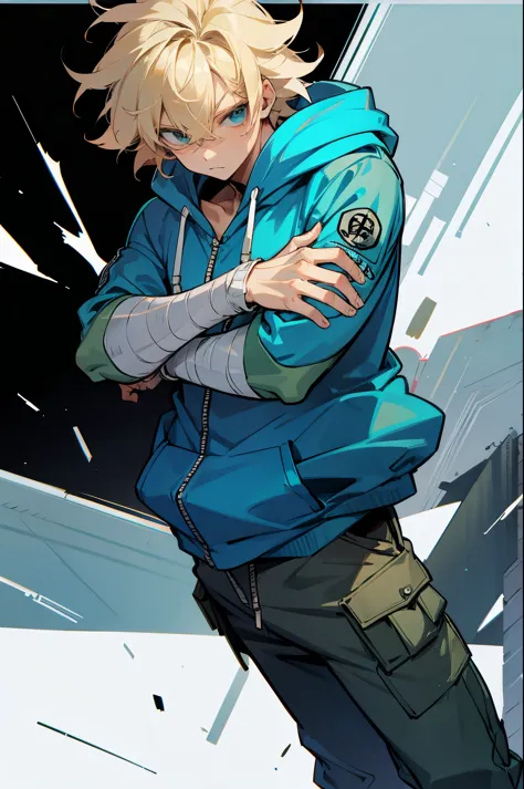 Human Male, Blonde Messy hair , wearing BLUE Hoodie , wearing Bandage, arms in pockets