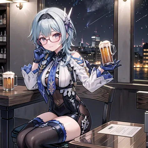 eula lawrence sozinha, sentada em uma mesa de bar, a noite, Starry sky, holding a mug of beer in his left hand, sorrindo, rosto ...