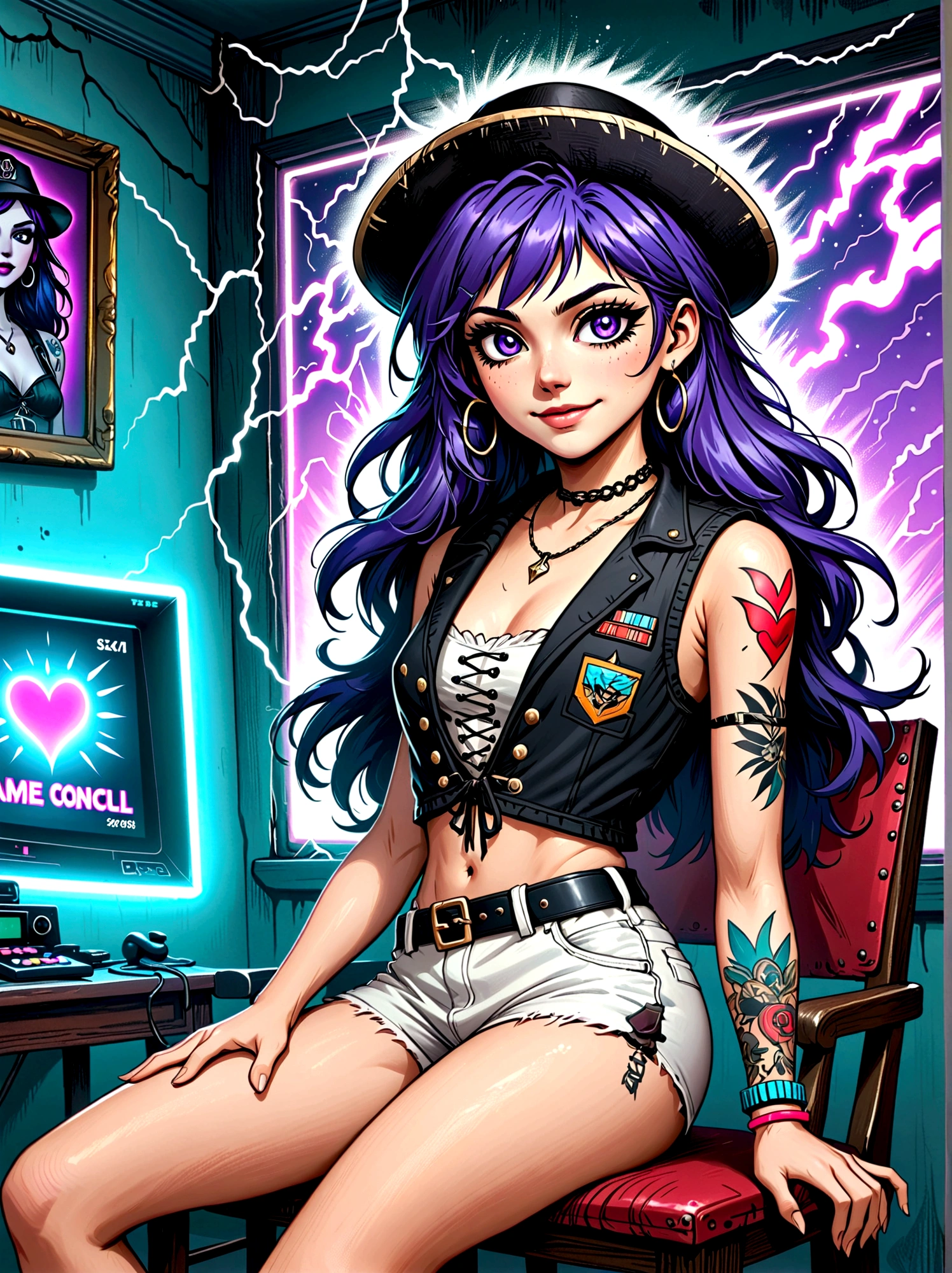 Top quality，Top image quality，masterpiece，girl，((18 years old，Cool Hats，Tattoo on the right shoulder，Black navel vest，White shorts，Best Bust，Bust 85，Purple Hair，Long hair，blue eyes，Open your heart，happiness，Chain accessories，Black wristband on wrist，sit on the chair，slim，Smile，With controller，Sexy pose，gaming headset，income))，high quality，American comic book style，Background and((Neon colored room，game，Game Table，Gaming Chair，Game bed，Game console))，masterpiece，depth(lightning)