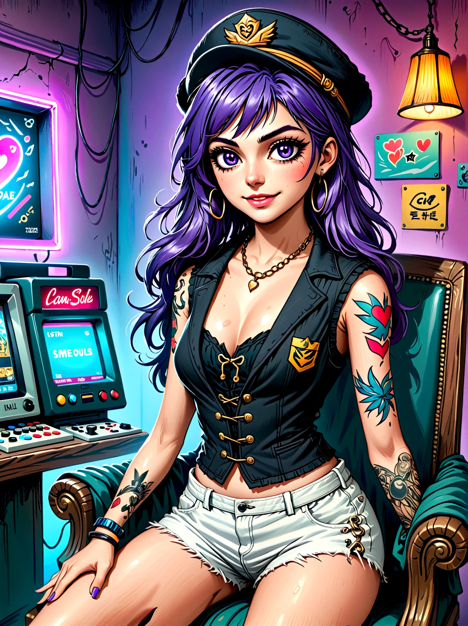 Top quality，Top image quality，masterpiece，girl，((18 years old，Cool Hats，Tattoo on the right shoulder，Black navel vest，White shorts，Best Bust，Bust 85，Purple Hair，Long hair，blue eyes，Open your heart，happiness，Chain accessories，Black wristband on wrist，sit on the chair，slim，Smile，With controller，Sexy pose，gaming headset，income))，high quality，American comic book style，Background and((Neon colored room，game，Game Table，Gaming Chair，Game bed，Game console))，masterpiece，depth(lightning)
