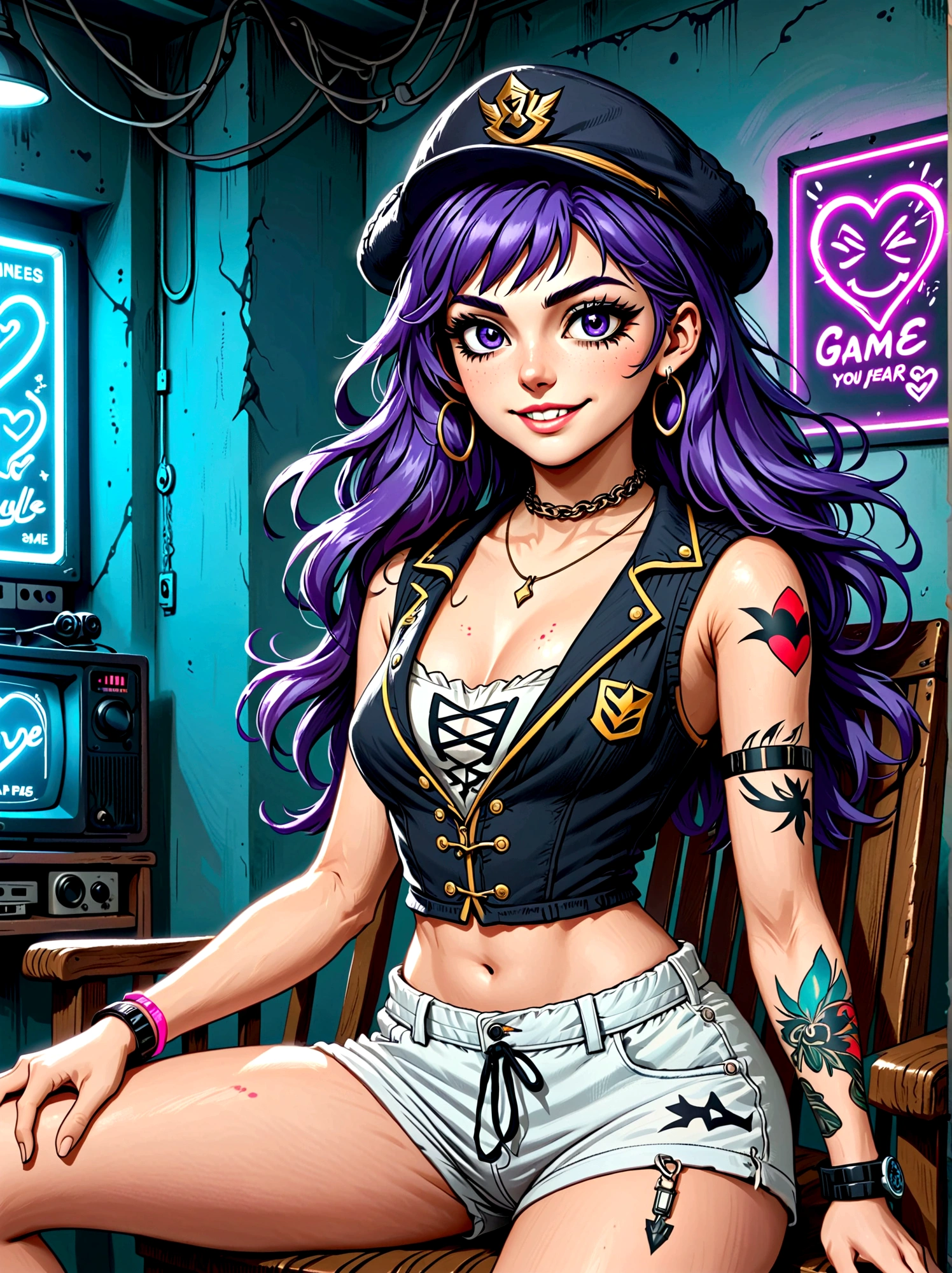 Top quality，Top image quality，masterpiece，girl，((18 years old，Cool Hats，Tattoo on the right shoulder，Black navel vest，White shorts，Best Bust，Bust 85，Purple Hair，Long hair，blue eyes，Open your heart，happiness，Chain accessories，Black wristband on wrist，sit on the chair，slim，Smile，With controller，Sexy pose，gaming headset，income))，high quality，American comic book style，Background and((Neon colored room，game，Game Table，Gaming Chair，Game bed，Game console))，masterpiece，depth(lightning)