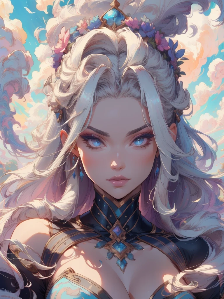 Beautiful queen of the galaxy, perfect face, makeup, symmetrical eyes, magical swirls and smoke, fantasy, long flowing silver hair, colorful zodiac cancer, shiny, cinematic, beautiful, masterpiece, studio quality, smooth rendering, digital painting, beautiful arts, high detail, cinematic lighting, dramatic, 8k, post-processing, raw, depth of field, pastel colored, hyper realism, flower crown, realistic proportions, dramatic lighting