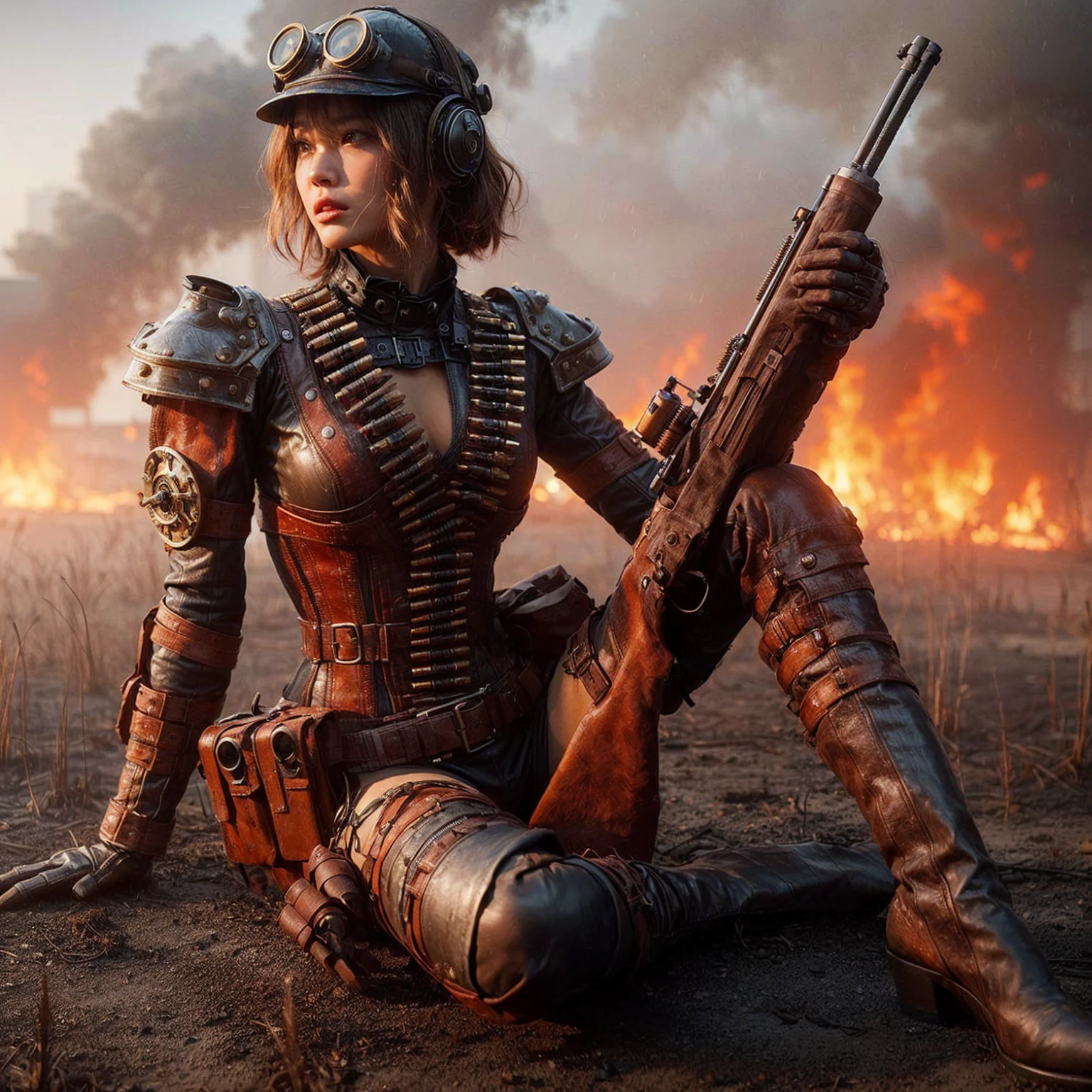 (masterpiece, best quality:1.2), (8k uhd, 16k, 32k, ultra high res), realistic photo, ultra sharp photo result, HDR10, superrealism, (The main subject: Wide-angle lens), (steampunk:1.2), beautiful female, (super beautiful face), legs, Power mechanical suit), (super intricate all details), (super realistic all textures), metallic yellow color, hydraulic cylinder, Rust, scars from previous battles, (steam engine like),cinematic poses in motion, Rain, humidity, jungle