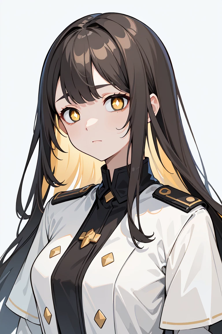 (masterpiece, best quality, ultra high quality:1.1), ((portrait)), 1girl, solo, mature with long hair, black hair, straight hair, blunt bangs, ((light yellow eyes, white pupils)), ((white pupils)), neutral, innexpressive, sad, naval uniform with red highlights, upper body, standing, hands behind back, isometric lightning, white background, simple background