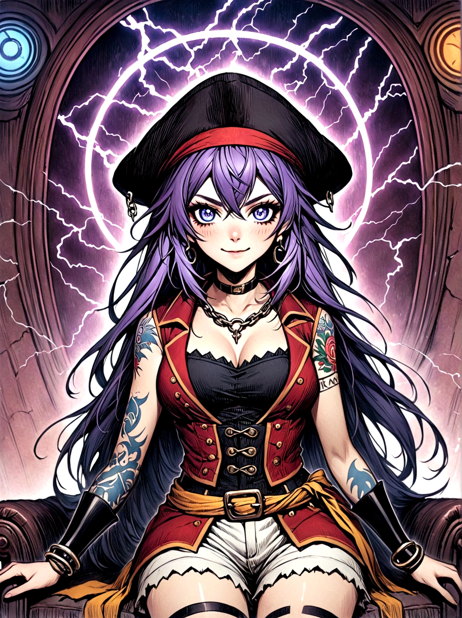 Top quality，Top image quality，masterpiece，girl，((18 years old，Cool Hats，Tattoo on the right shoulder，Black navel vest，White shorts，Best Bust，Bust 85，Purple Hair，Long hair，blue eyes，Open your heart，happiness，Chain accessories，Black wristband on wrist，sit on the chair，slim，Smile，With controller，Sexy pose，gaming headset))，high quality，American comic book style，Background and((Neon colored room，game，Game Table，Gaming Chair，Game bed，Game console))，masterpiece，depth(lightning)