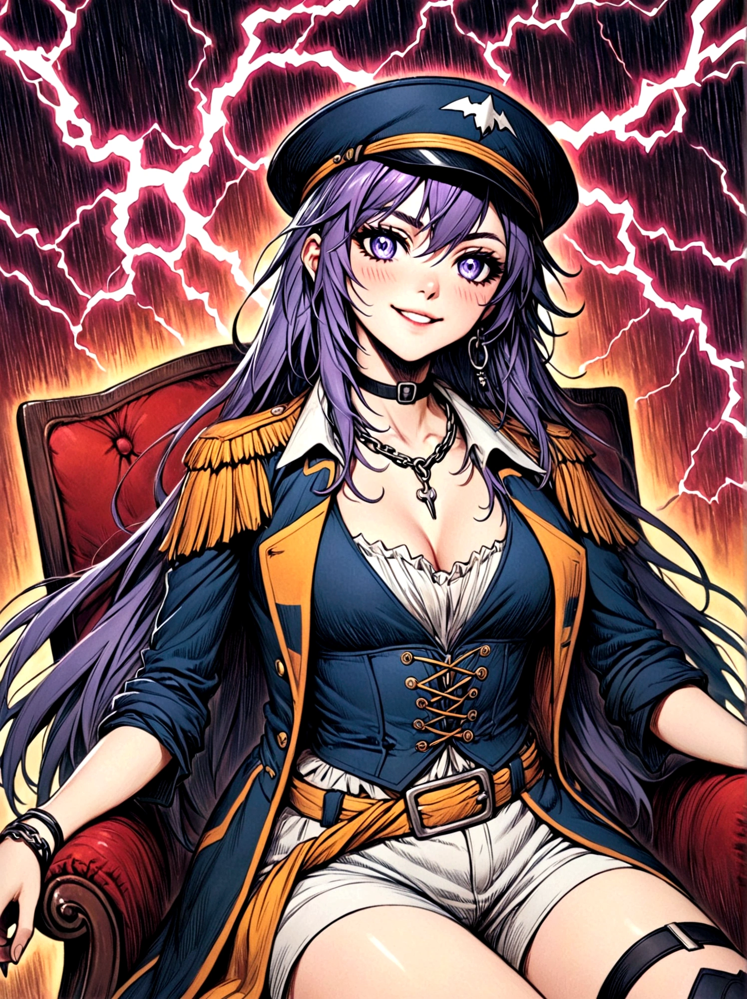 Top quality，Top image quality，masterpiece，girl，((18 years old，Cool Hats，Tattoo on the right shoulder，Black navel vest，White shorts，Best Bust，Bust 85，Purple Hair，Long hair，blue eyes，Open your heart，happiness，Chain accessories，Black wristband on wrist，sit on the chair，slim，Smile，With controller，Sexy pose，gaming headset))，high quality，American comic book style，Background and((Neon colored room，game，Game Table，Gaming Chair，Game bed，Game console))，masterpiece，depth(lightning)