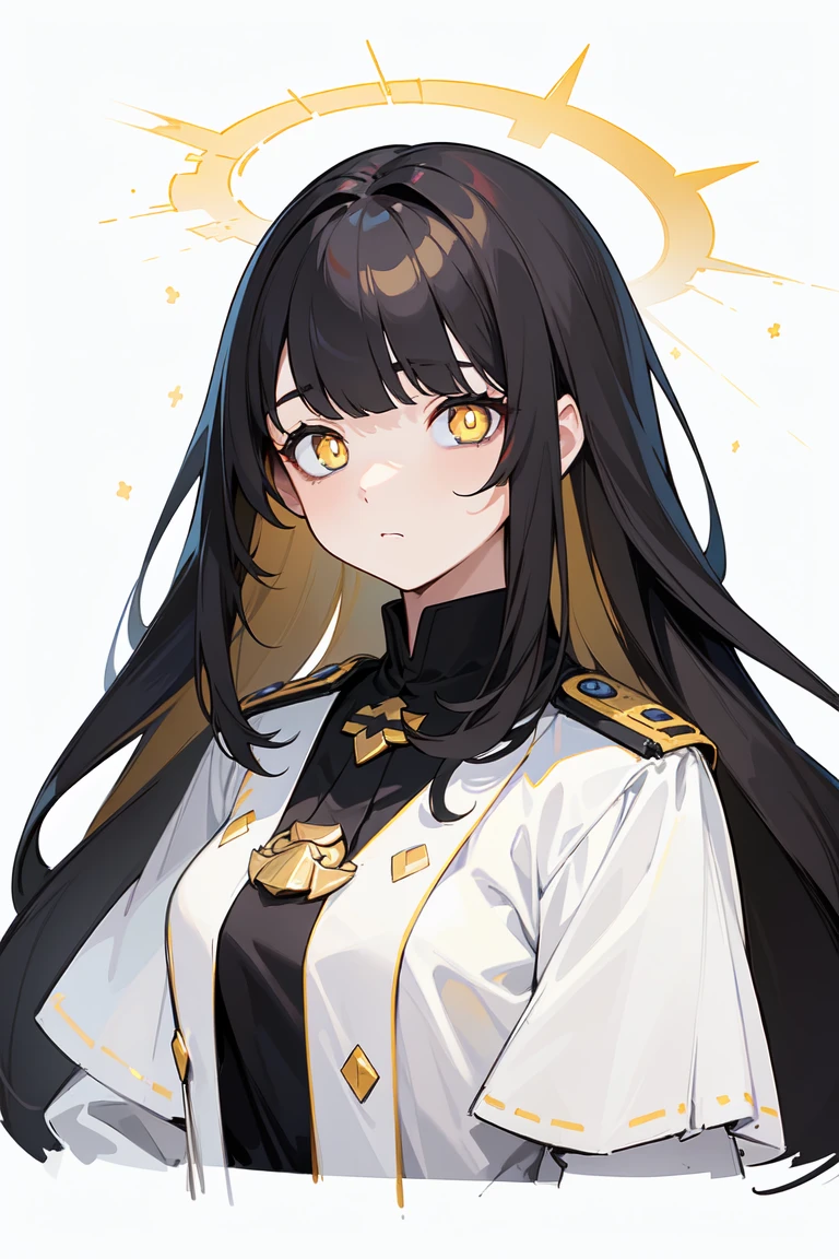 (masterpiece, best quality, ultra high quality:1.1), ((portrait)), 1girl, solo, mature with long hair, black hair, straight hair, blunt bangs, ((light yellow eyes, white pupils)), ((white pupils)), neutral, innexpressive, sad, naval uniform with red highlights, upper body, standing, hands behind back, isometric lightning, white background, simple background