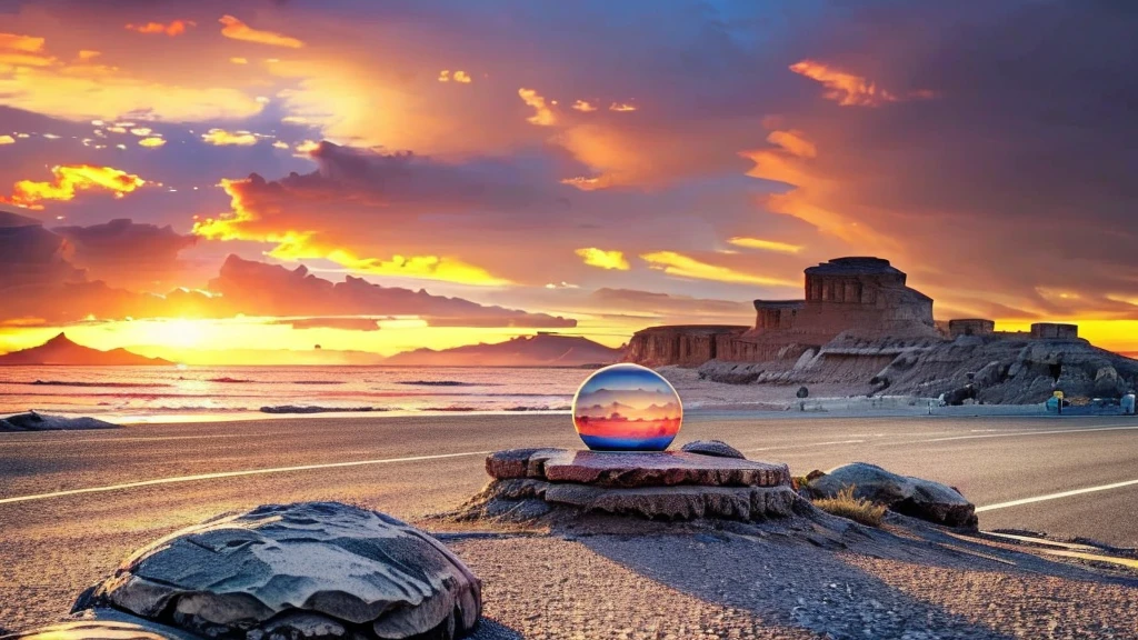 mini\(ttp\), (8k, RAW photo, best quality, masterpiece:1.2), island, miniature, landscape, Crystal ball,on rock,
 