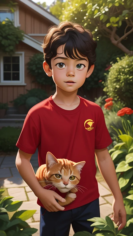 Realistic portrait of a seven-year-old boy, He wears a red shirt . His face is childish and exploratory . He goes out cautiously into the garden of the house,  A small cat is among the bushes and he touches it cautiously ,Not facing the camera,, Hair is untidy , 