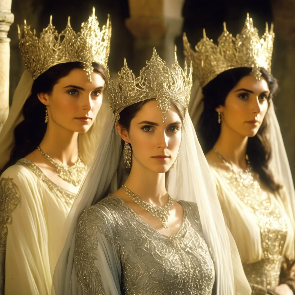 Gondorian women in a almost gothic quasi byzantine gown a white silver or pale gray with intricate detail wearing a pale filmy headveil with slender coronet around it