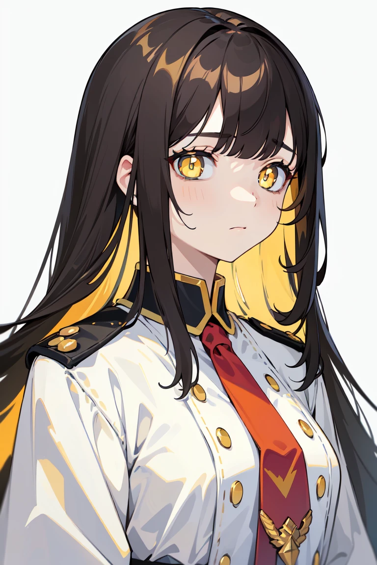 (masterpiece, best quality, ultra high quality:1.1), ((portrait)), 1girl, solo, mature with long hair, black hair, straight hair, blunt bangs, ((light yellow eyes, white pupils)), ((white pupils)), neutral, innexpressive, sad, red naval uniform with red highlights, upper body, standing, hands behind back, isometric lightning, white background, simple background