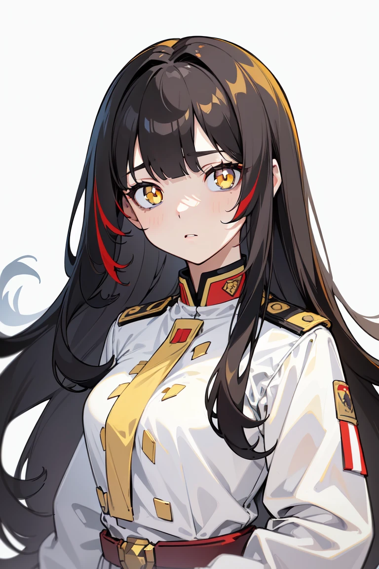 (masterpiece, best quality, ultra high quality:1.1), ((portrait)), 1girl, solo, mature with long hair, black hair, straight hair, blunt bangs, ((light yellow eyes, white pupils)), ((white pupils)), neutral, innexpressive, sad, red naval uniform with red highlights, upper body, standing, hands behind back, isometric lightning, white background, simple background