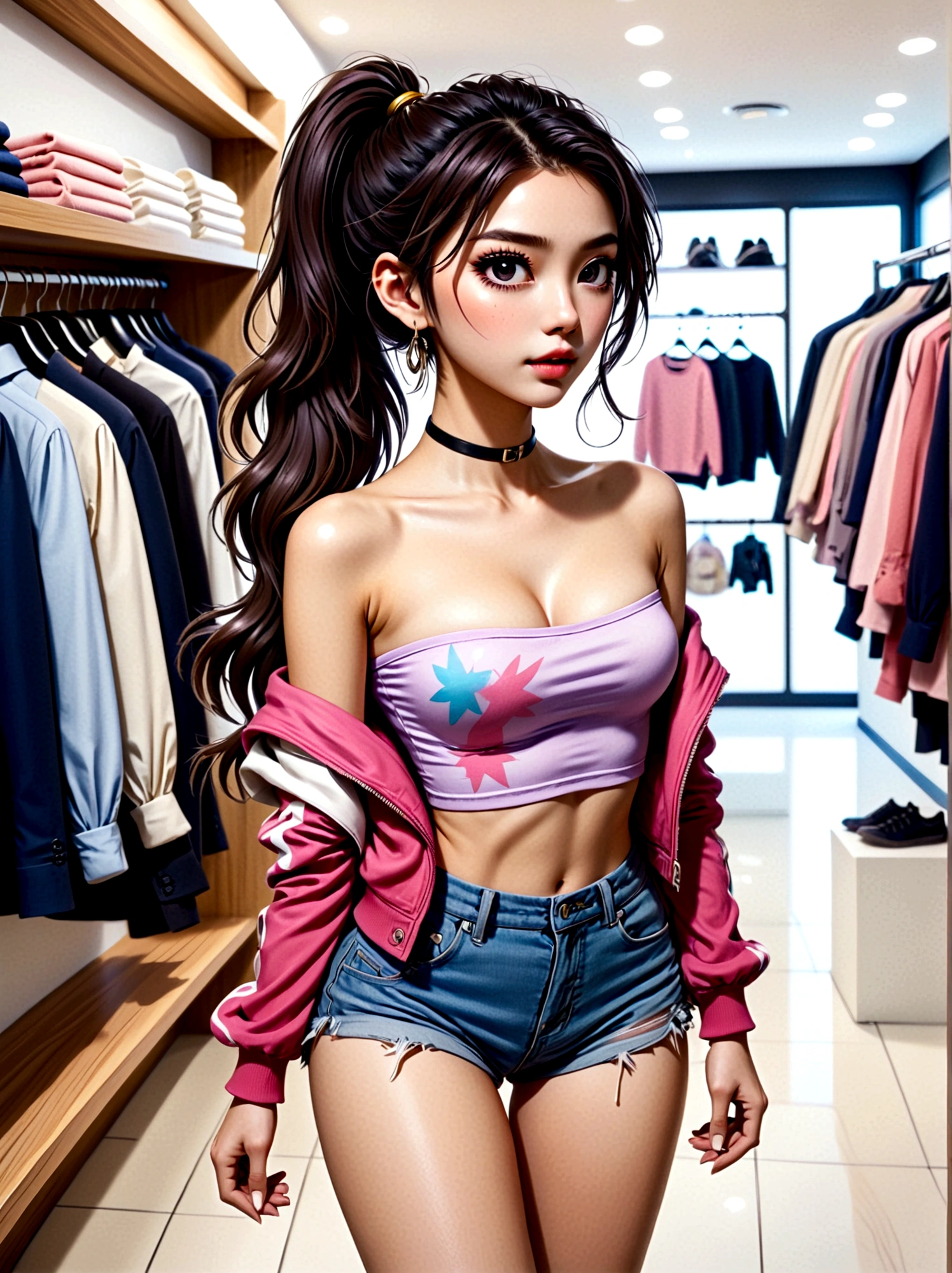 ((masterpiece))，Best quality，absurd，Ultra Detailed，holographic，Golden Ratio，Super cute and beautiful Asian idol girl，Very beautiful violet bright eyes，Beautiful colorful shiny brown hair，High Ponytail，good body shape，fit，Perfect body，Wearing a super tight anime print bodysuit，Super tight anime print off-the-shoulder long-sleeved navel-baring top，Ultra-Beautiful Sheer Mini Jacket，Beautiful hair accessories，Pink Jordan sneakers，Photographed in the store in the mall with her handsome thin boyfriend，Black hair messy and shiny，Wearing super casual clothes，Dark theme elements, Pencil Sketch