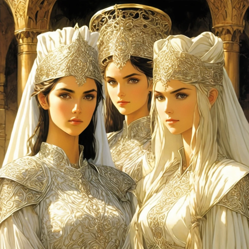 Gondorian women in a almost gothic quasi byzantine gown a white silver or pale gray with intricate detail wearing a pale filmy headveil with slender circlet  around itkinda anime looks feel