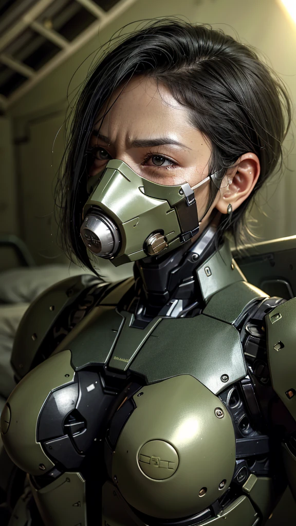 最high quality非常に詳細, Advanced Details, high quality, 最high quality, High resolution, 1080p, hard disk, beautiful,(War Machine),(Snug-fitting headgear),See the big picture,beautifulサイボーグ女性,Dark Green Mecha Cyborg Girl,Battle Mode,Mecha Body Girl　8k dark green body armor　Middle-aged women　Mature Woman　Sweaty face　Droopy eyes　short hair　Gas mask with extension nozzle　boyish　Steam coming out of my head　My hair is wet with sweat　Black Hair, Steam coming out of the mouth　Lying in bed　The skin under the face is not exposed　Full body portrait　I can see the vagina　smile