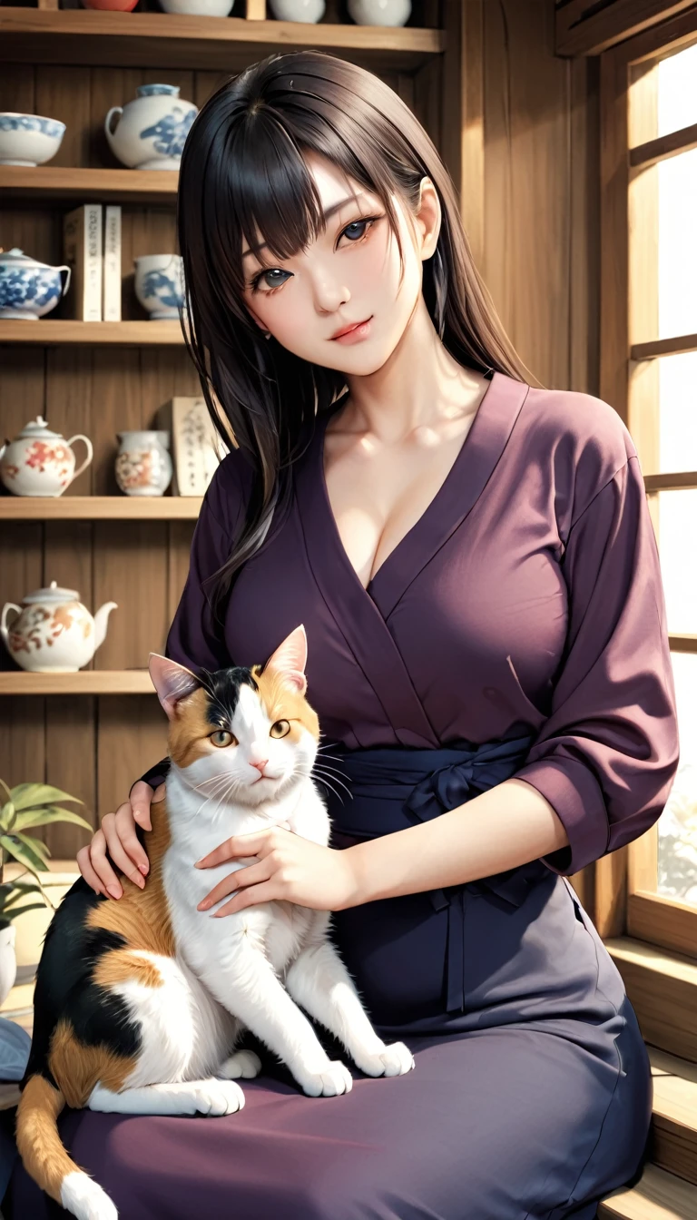 ผู้หญิงนั่งอยู่บนหิ้งกับแมว, เอฮิเมะ, ประเทศญี่ปุ่น โชนัน เอโนชิม่า, ทิวทัศน์ของคามาคุระ, โดย โทชิฮิเดะ นิชิดะ, มินามิเท็นโบ นากาฮาระ, โดย มาซาโอะ มาเอดะ, อิวาคุระที่สวยงาม, โดย นาโอมิจิ นากามูระ, โดย เรย์ คาโมการิ, สึโยชิ มิยาโมโตะ, โดย Kamagurukaphotorealistic, มีรายละเอียดสูง, สีสันสดใส, แสงธรรมชาติ, ทิวทัศน์ที่สวยงาม, สถาปัตยกรรมญี่ปุ่น, สไตล์ดั้งเดิม, ท่าทางสง่างาม, การแสดงออกที่ครุ่นคิด, แมวคาลิโก้, โฟกัสนุ่มนวล, โทนสีอบอุ่น, องค์ประกอบภาพยนตร์