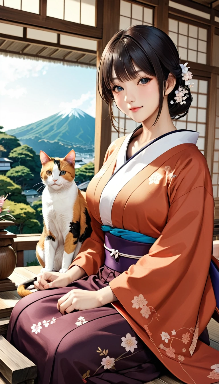 une femme assise sur une étagère avec un chat, Ehime, Japon Shonan Enoshima, paysage de Kamakura, par Toshihide Nishida, Minamiten-bo Nakahara, par Masao Maeda, Belle Iwakura, par Naomichi Nakamura, par Rei Kamogari, Tsuyoshi Miyamoto, par Kamagurukaphotoréaliste, très détaillé, couleurs vives, éclairage naturel, Beau paysage, Architecture japonaise, Style traditionnel, pose élégante, Expression pensive, chat calicot, mise au point douce, tons chauds, composition cinématographique