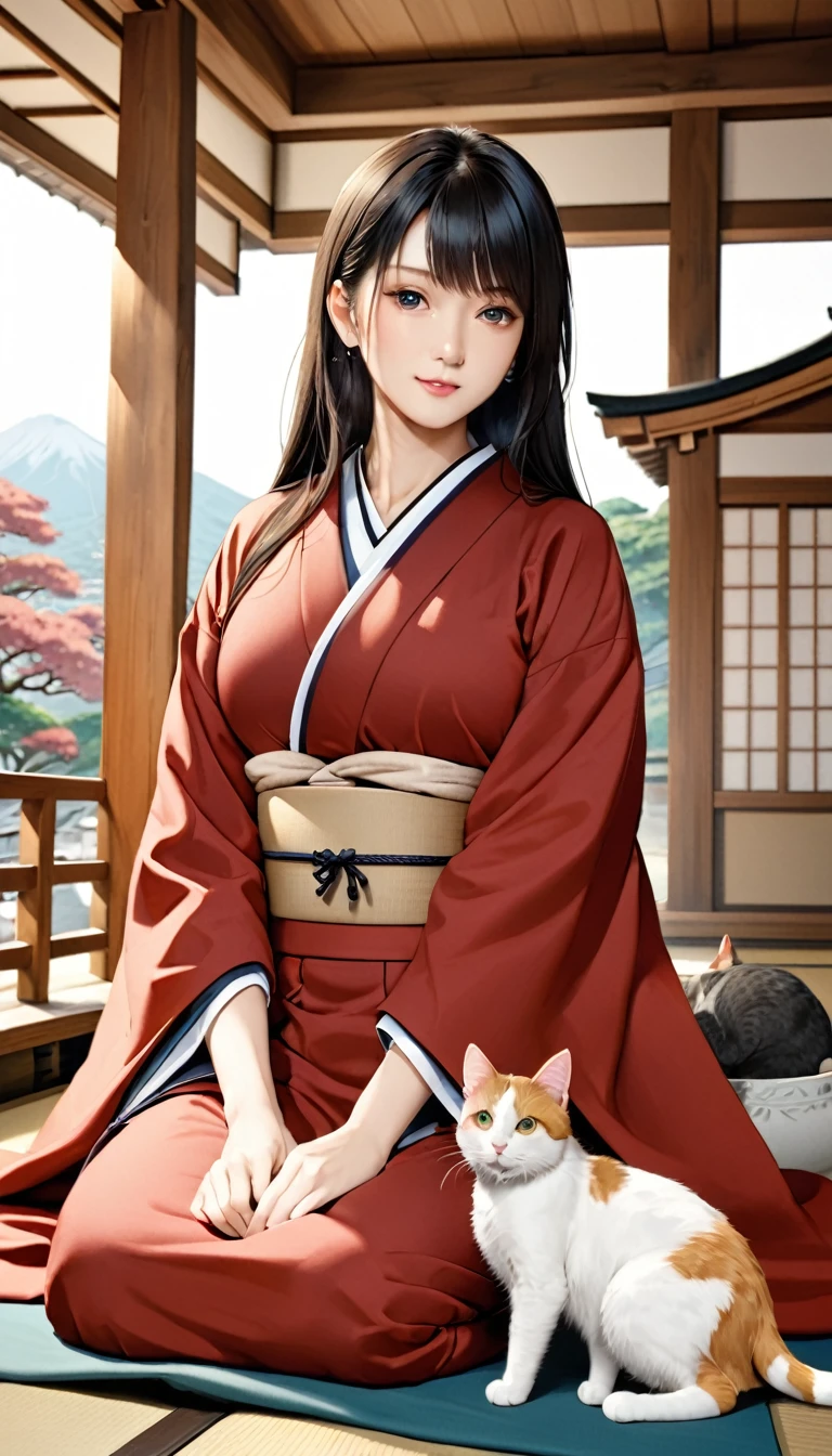ผู้หญิงนั่งอยู่บนหิ้งกับแมว, เอฮิเมะ, ประเทศญี่ปุ่น โชนัน เอโนชิม่า, ทิวทัศน์ของคามาคุระ, โดย โทชิฮิเดะ นิชิดะ, มินามิเท็นโบ นากาฮาระ, โดย มาซาโอะ มาเอดะ, อิวาคุระที่สวยงาม, โดย นาโอมิจิ นากามูระ, โดย เรย์ คาโมการิ, สึโยชิ มิยาโมโตะ, โดย Kamagurukaphotorealistic, มีรายละเอียดสูง, สีสันสดใส, แสงธรรมชาติ, ทิวทัศน์ที่สวยงาม, สถาปัตยกรรมญี่ปุ่น, สไตล์ดั้งเดิม, ท่าทางสง่างาม, การแสดงออกที่หม่นหมอง, แมวคาลิโก้, โฟกัสนุ่มนวล, โทนสีอบอุ่น, องค์ประกอบภาพยนตร์