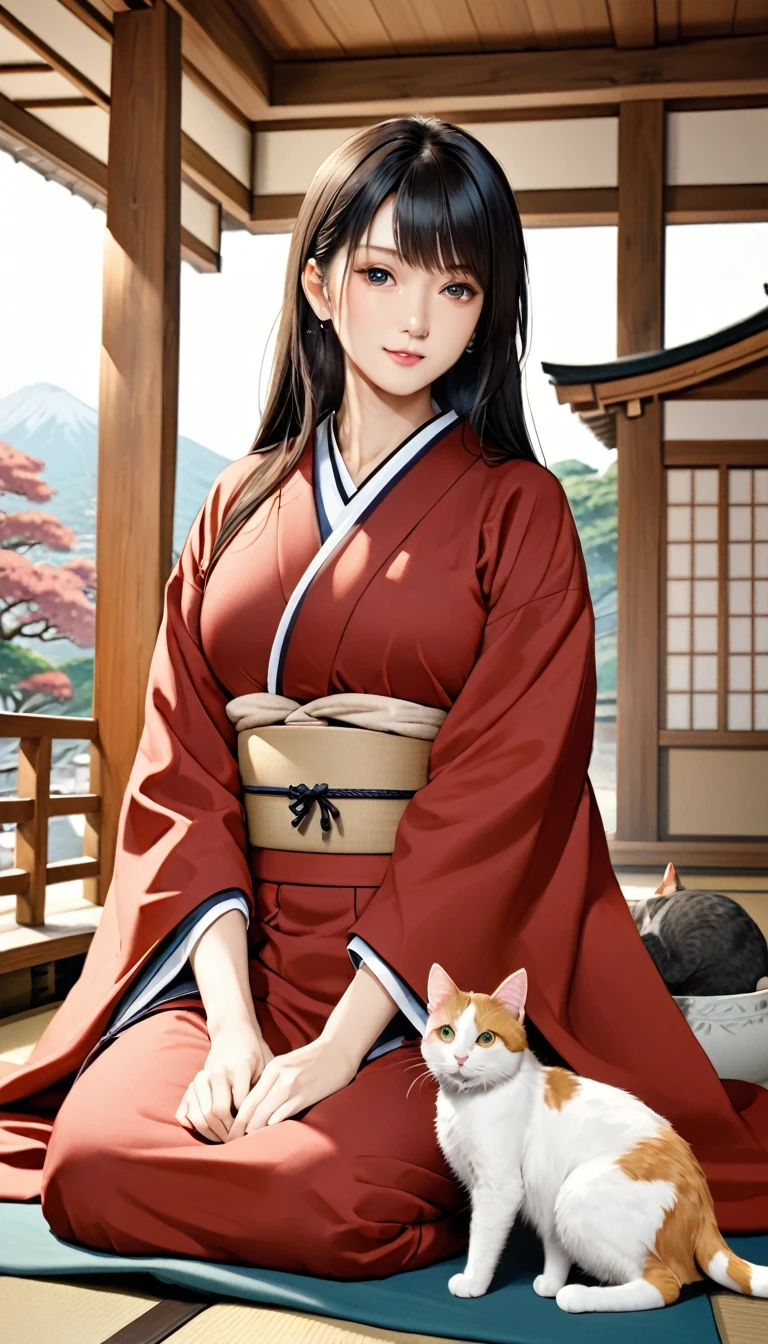 eine Frau, die mit einer Katze auf einem Regal sitzt, ehime, Japan Shonan Enoshima, Landschaft von Kamakura, von Toshihide Nishida, Minamiten-bo Nakahara, Von Masao Maeda, wunderschönes Iwakura, von Naomichi Nakamura, von Rei Kamogari, Tsuyoshi Miyamoto, von Kamagurukafotorealistisch, sehr detailliert, leuchtende Farben, natürliche Beleuchtung, schöne Landschaft, japanische architektur, traditioneller Stil, Elegante Pose, nachdenklicher Ausdruck, Kaliko katze, Weicher Fokus, warme Töne, Filmkomposition