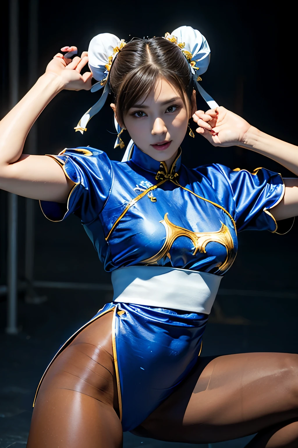 《街头斗殴二》chun-li,Perfect chun-li Costume,蓝金丝旗袍,包子头,好的封面,战斗姿态,ハイ踢,踢、抬起你的腿,杰作、1 个美丽的女孩、漂亮的眼睛、眼睛浮肿、最好的质量, 超高分辨率, (现实: 1.4), 光、超级漂亮、美丽的皮肤、把身体转向前、(超现实的な)、(高分辨率)、(8千)、(非常详细)、(美しく漂亮的眼睛)、(非常详细)、 (墙-)、精致的脸庞、明亮的光、Professional 光ing、看着观众、直接视觉、倾斜的石雕, 最好的质量, 杰作, 最好的质量, 完美脸蛋, 完美的棕色眼睛和白色巩膜, 坏举动 - 5, 孤, 1 名女孩, 上半身, 棕色的头发, 来自 SF2, 中文服务, 微笑, 肌肉女, 蓝色的衣服, 连裤袜, 骨盆帘, 全短袖, 好的封面, 窗扇, 评价: